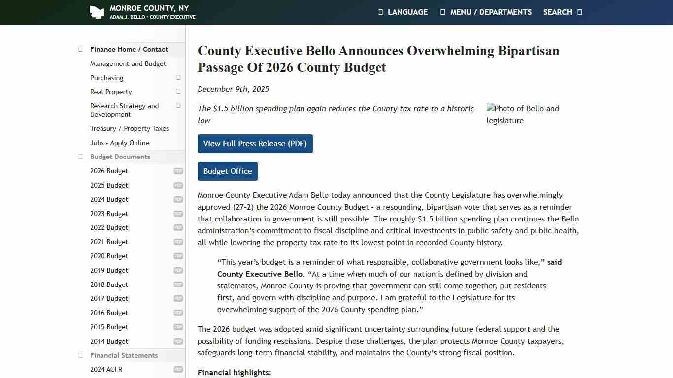 Monroe County, NY - County Executive Bello Announces Overwhelming Bipartisan Passage Of 2026 County Budget