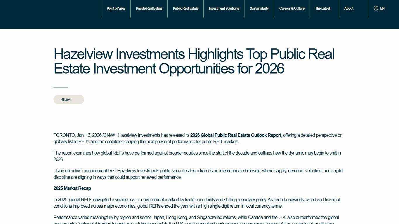 Hazelview Investments Highlights Top Public Real Estate Investment Opportunities for 2026